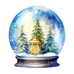 Christmas Tree Christmas Snow Globe Watercolor Clipart isolated on Transparent Background.
