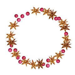 Watercolor wreath with spices, anis and berries, ingredients of mulled wine, hot winter beverage, round frame, hand drawn sketch, winter illustration isolated on white background