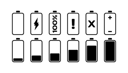 Battery indicator icons. Outline, charge, warning, battery status indicators. Vector icons