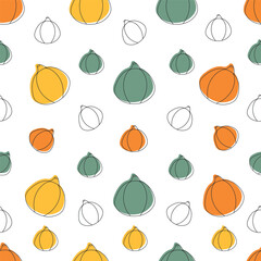 Seamless pattern with colorful pumpkin. Autumn colors. Linear pumpkins for wrapping, print, fabric, background invitation, clothes