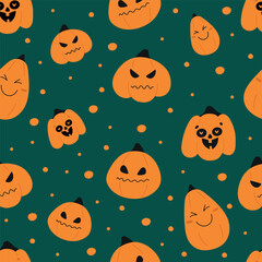 Happy halloween pattern for kids cards, posters, fabric, textile. Cute hand drawn funny pumpkins characters. Vector