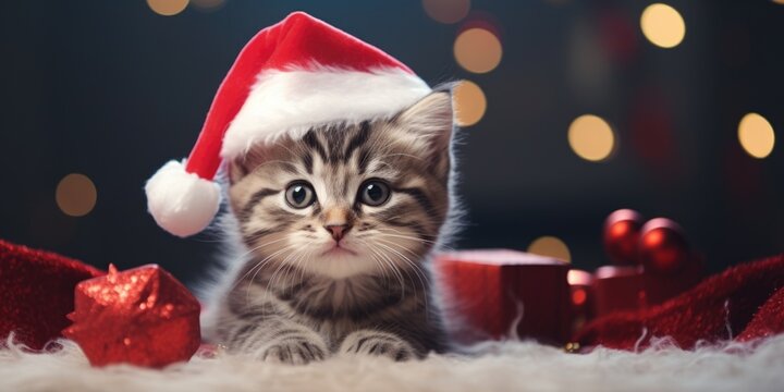 Merry Christmas and Happy New Year, Cheerful kitten sitting in Santa Claus hat at home, generative ai