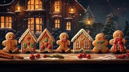Christmas gingerbread cookies in the form of people and houses for Christmas, festive decorations and Christmas tree branches.Horizontal banking background for web. Photo AI Generated - obrazy, fototapety, plakaty