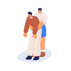 First aid for man choking. Heimlich maneuver for food getting stuck in throat. Abdominal thrusts in emergency. Pressing on belly, standing behind. Flat vector illustration isolated on white background