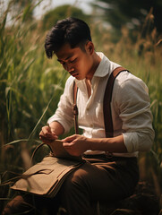 a man with a brown handbag, in the style of rudy siswanto, letterboxing, candid moments captured, solarizing master, he jiaying, pastoral, text-based  - obrazy, fototapety, plakaty