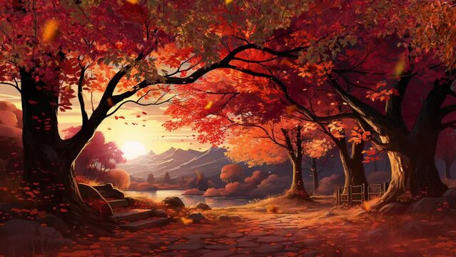Summer scenery. Autumn forest path. Orange color tree, Nature scene in sunset. Cartoon or anime illustration video style background
