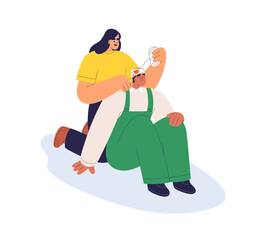 Helping with head bandage after injury, trauma, accident. First aid, care, healing for man with blood wound, damage, applying tissue in emergency. Flat vector illustration isolated on white background