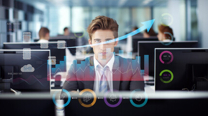 Analyst working with Analytics Data dashboard Management System computer to make report KPI Business metrics connected to database, Corporate strategy finance, operations, marketing