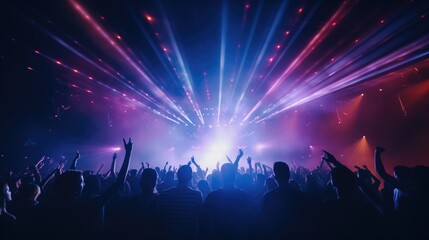 Party concert background. Happy people with raised up hand enjoying night in the club, night entertainment, active lifestyle, New Year celebration, partying concept. - obrazy, fototapety, plakaty