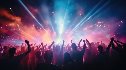 Fototapeta na wymiar Party concert background. Happy people with raised up hand enjoying night in the club, night entertainment, active lifestyle, New Year celebration, partying concept.