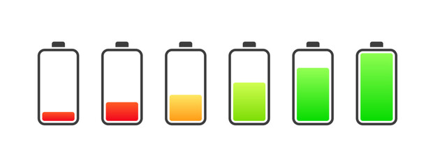 Battery charge icons. Flat, color, battery charge, battery indicator. Vector icons