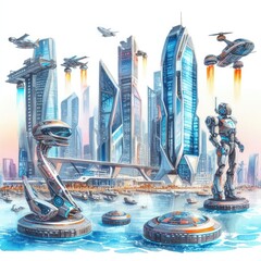 The watercolor futuristic scene with skyscrapers, hovercrafts and robots - obrazy, fototapety, plakaty