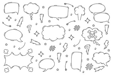 Set of hand drawn doodle speech bubbles. Simple hand drawn pen line speech bubble, cloud, balloon frame for text border. Doodle elegant dialog bubble. Vector illustration