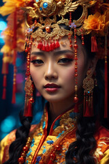 Portrait of a beautiful Chinese woman in traditional Chinese clothing, Chinese New Year concept.