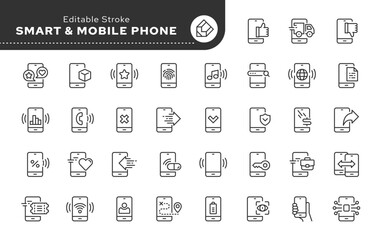Mobile phone line concept web icons in outline linear style. Icon - smart technology and gadget. Vector set. Collection pictogram