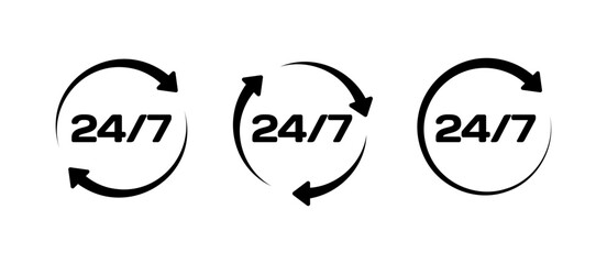 24/7 icon. Silhouette, black, arrows in a circle, 24/7 icons. Vector icons