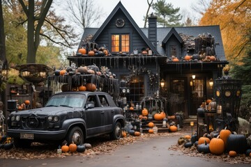 Black victorian house with halloween decor. Porch of the frontyard decorated with pumpkins and autumn flowers