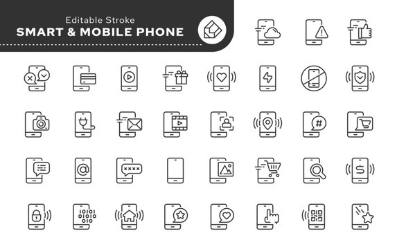 Smart, mobile phone, telephone connection. Line icon set. Web icons in linear style for mobile application and web site. Outline pictogram.