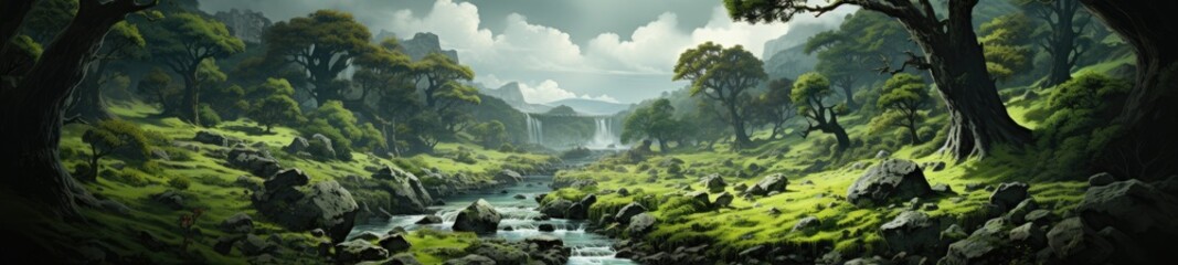 A tranquil green scenic panorama showcases nature's splendor, a soothing sight to behold. - obrazy, fototapety, plakaty