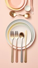 Pastel background surrounded by plates spoons and forks from top view, background image, vertical format, generative AI