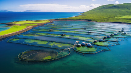 High angle aerial view of a a fish farm off the coast in the blue, sea during day time