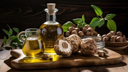 Earthy truffle oil, prized for its luxurious aroma and flavor. Gourmet cuisine, luxurious essence, decadent flavor, culinary refinement, aroma of indulgence. Generated by AI.