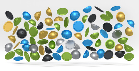 Many of flying trays with cloche ready to serve isolated on white background