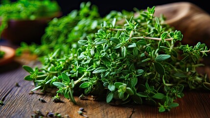 Fragrant thyme leaves enrich culinary delights with an inviting aroma and a layer of flavor complexity. Culinary enrichment, versatile seasoning, aromatic depth, natural herb. Generated by AI.