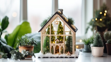 Mini tiny Christmas greenhouse in white room. Christmas terrarium with fir trees, moss, lights, mini houses, berries. Shop Glass terrariums, boxes and candle