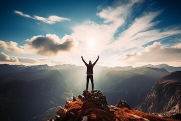 A silhouette of a person standing on a mountaintop, arms outstretched towards the rising sun, which pointing up as symbol of achievement