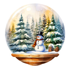 Snowman Christmas Snow Globe Watercolor Clipart isolated on Transparent Background.
