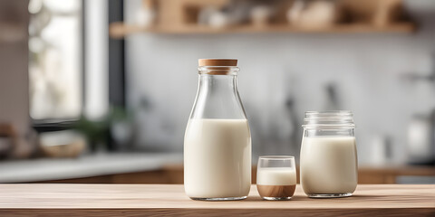 Wooden tabletop counter with Bottle and glass of tasty milk. in front of bright out of focus kitchen. copy space