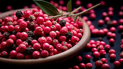 Peppery pink peppercorns enrich your dishes. Culinary enrichment, aromatic spice, flavor complexity, gourmet charm. Generated by AI. - obrazy, fototapety, plakaty