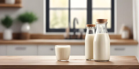 Wooden tabletop counter with Bottle and glass of tasty milk. in front of bright out of focus kitchen. copy space