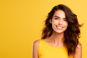 a model woman smiles, light yellow background with copy space
