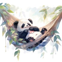 A sleepy baby panda in a hammock. watercolor illustration.