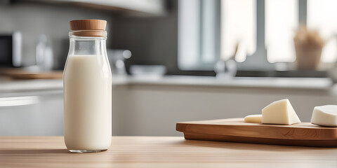 Wooden tabletop counter with Bottle and glass of tasty milk. in front of bright out of focus kitchen. copy space