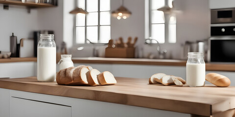 Wooden countertop modern kitchen, milk bottles, and bread placed right on the counter.