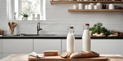 Wooden countertop modern kitchen, milk bottles, and bread placed right on the counter.