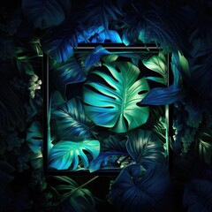 Cube frame with palm leaves, tropical dark background. Blue purple green color. Glowing volumetric in center