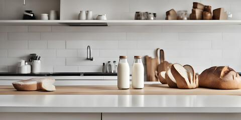Fototapeta na wymiar Wooden countertop modern kitchen, milk bottles, and bread placed right on the counter.