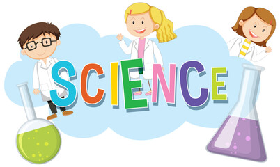 Science Logo Banner with Cartoon Scientists in Gowns