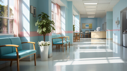 Minimalist Hospital hallway,bright reception waiting room clinic lobby, clean hospital reception with the chair, living room interior. Illustration