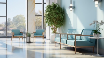 Fototapeta premium Minimalist Hospital hallway,bright reception waiting room clinic lobby, clean hospital reception with the chair, living room interior. Illustration