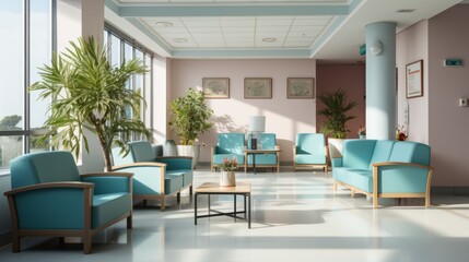 Minimalist Hospital hallway,bright reception waiting room clinic lobby, clean hospital reception with the chair, living room interior. Illustration