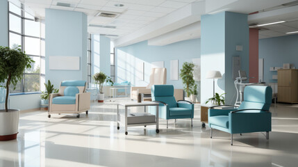 Fototapeta premium Minimalist Hospital hallway,bright reception waiting room clinic lobby, clean hospital reception with the chair, living room interior. Illustration