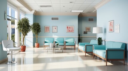 Minimalist Hospital hallway,bright reception waiting room clinic lobby, clean hospital reception with the chair, living room interior. Illustration - obrazy, fototapety, plakaty
