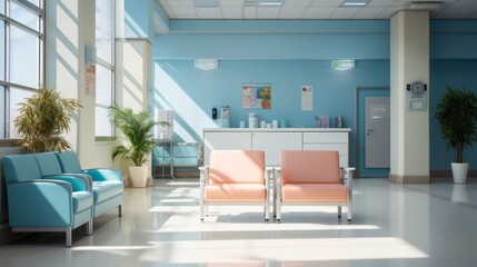 Minimalist Hospital hallway,bright reception waiting room clinic lobby, clean hospital reception with the chair, living room interior. Illustration