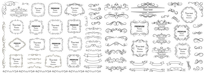 Calligraphic design elements . Decorative swirls or scrolls, vintage frames , flourishes, labels and dividers.