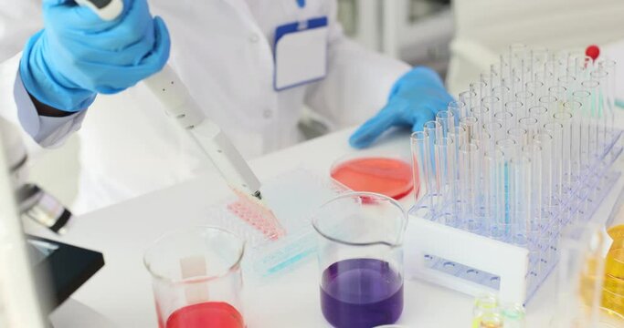 Scientist uses a multi-channel pipette dispenser to load microplates for scientific testing with pink liquid. Research of toxic liquids - Powered by Adobe